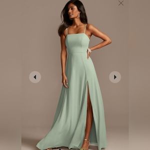 DAVID'S BRIDAL Spaghetti Strap Chiffon Bridesmaid dress with slit (Dusty Sage)